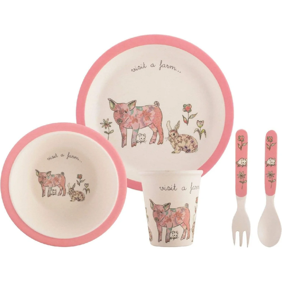 Creative Tops Visit A Farm Pig 5Pc Kids Pressed Bamboo Dinner Set