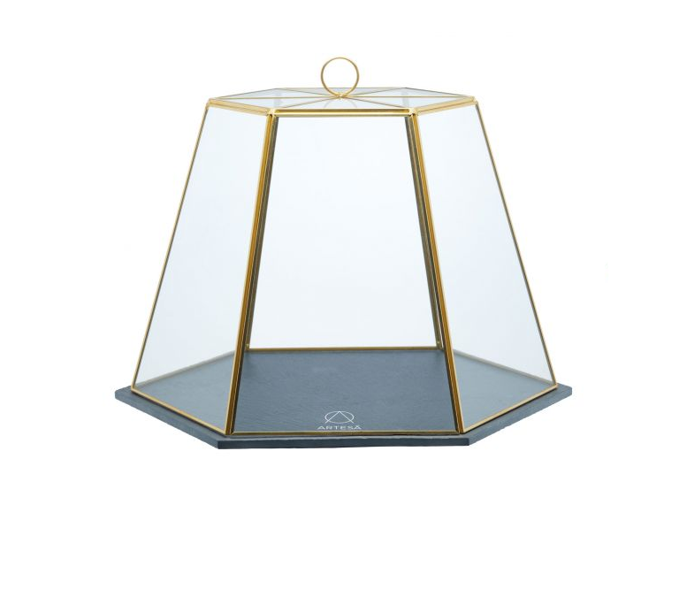 Artesà Geometric Glass Cheese / Cake Dome with Slate Serving Board, 31 x 27.5 x 25 cm (12" x 11" x 10") - Brass Effect