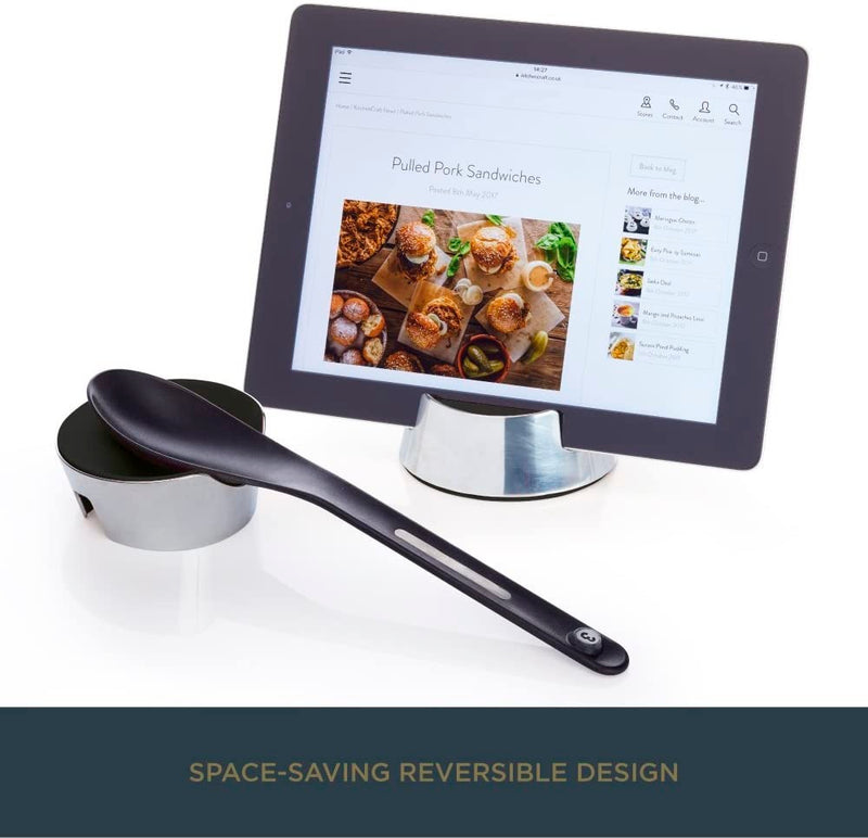 KitchenCraft MasterClass Smart Space 2-in-1 Reversible Tablet Stand and Spoon Rest, 9.5 x 8 x 4 cm (3.5" x 3" x 1.5") - Black / Silver