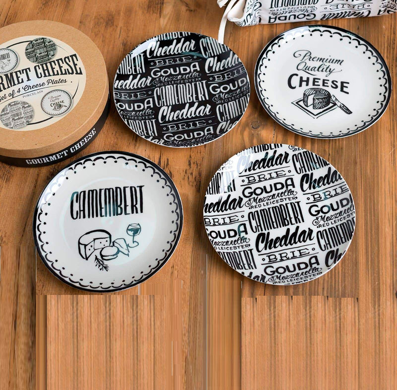 Gourmet Cheese Set of 4  Decorated Ceramic Cheese Plates – Black/Cream
