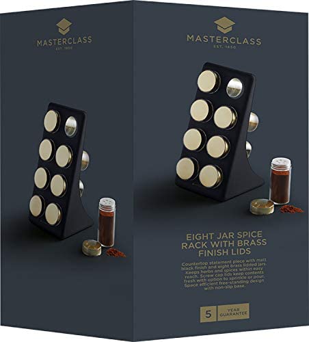 MasterClass Herb and Spice Rack Set with 8 Brass Finish Lidded Jars and Gift Box, Black Effect, 9 Piece