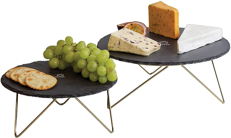 Artesà Multi-Tier Serving Plate, 2 Round Slate Serving Stands with Raised Metal Legs, for Tea Hours, Cheese, Cakes, Sandwiches and More, 30.5 x 30.5 x 24 cm