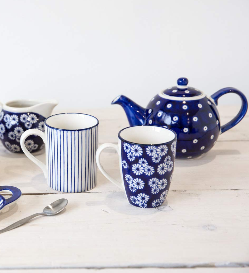 London Pottery Out of the Blue Tulip Coffee Cups / Tea Mug Set with Assorted Patterned Designs, Stoneware, Navy Blue, 280 ml (4 Pieces)