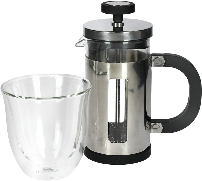 La Cafetière Mini Cafetiere Gift Set with Double Wall Coffee Glass & 1 Cup French Press, Stainless Steel / Borosilicate Glass, 2 Pieces in Box