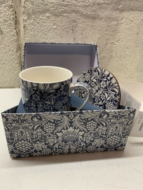 V&A William Morris Sunflower Printed Fine China Mug Set with Coaster and Teaspoon, Blue & White, 3 Pieces