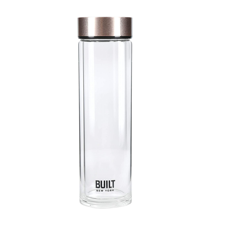 Built Tiempo Insulated Glass Water Bottle, BPA Free Borosilicate Glass / Stainless Steel Flask, Rose Gold, 450ml