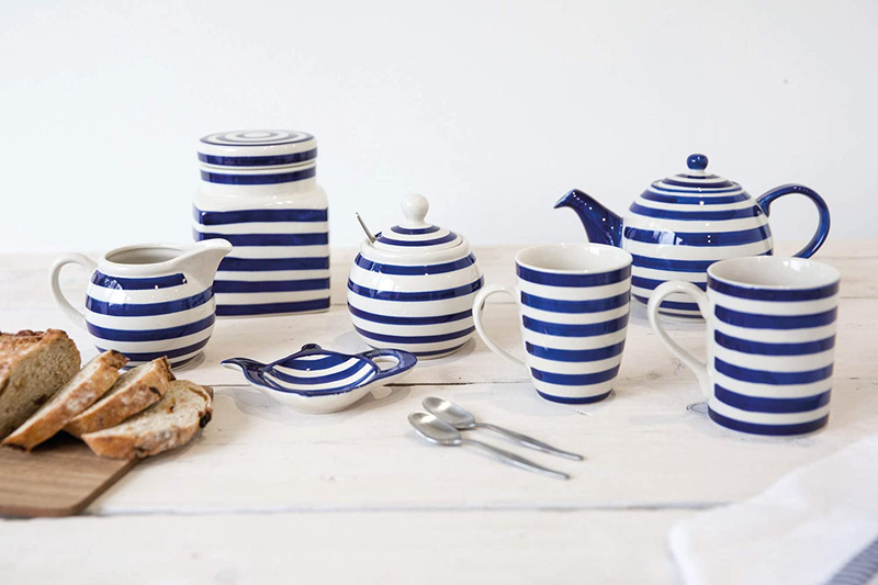 London Pottery JY18LT02 Out of the Blue Globe Teapot with Strainer, Stoneware, Navy Blue Stripe Design, 4 Cup (900 ml)