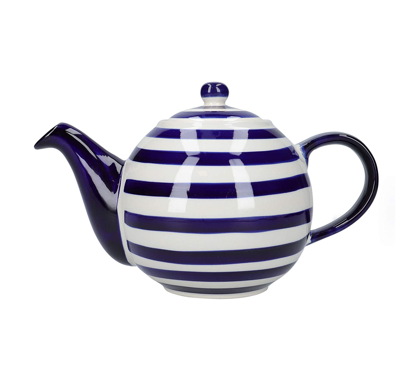 London Pottery JY18LT02 Out of the Blue Globe Teapot with Strainer, Stoneware, Navy Blue Stripe Design, 4 Cup (900 ml)