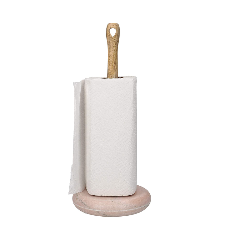 KitchenCraft Serenity Kitchen Towel Holder, Mango Wood/Marble, Brown/Pink, 15 x 36 cm