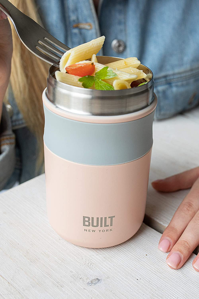 BUILT Double Wall Vacuum Insulated Food Flask for Hot and Cold Foods, Stainless Steel, Pale Pink, 490 ml