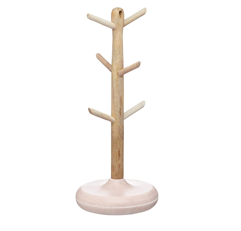 KitchenCraft Serenity Wooden Mug Tree, Mango Wood/Marble, Brown/Pink, 15 x 36 cm