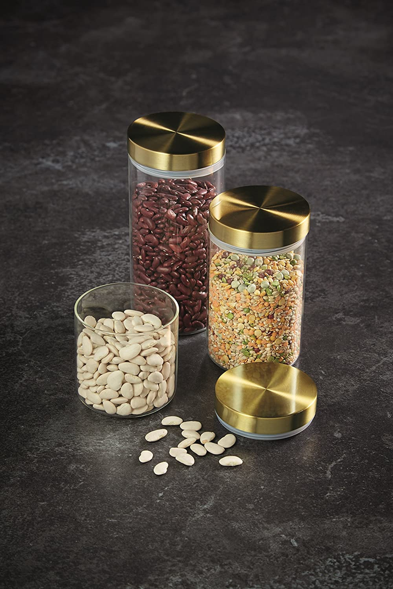 KitchenCraft MasterClass Airtight Glass Food Storage Jar with Brass Lid, Transparent, 1.5 L (2.75 Pints)