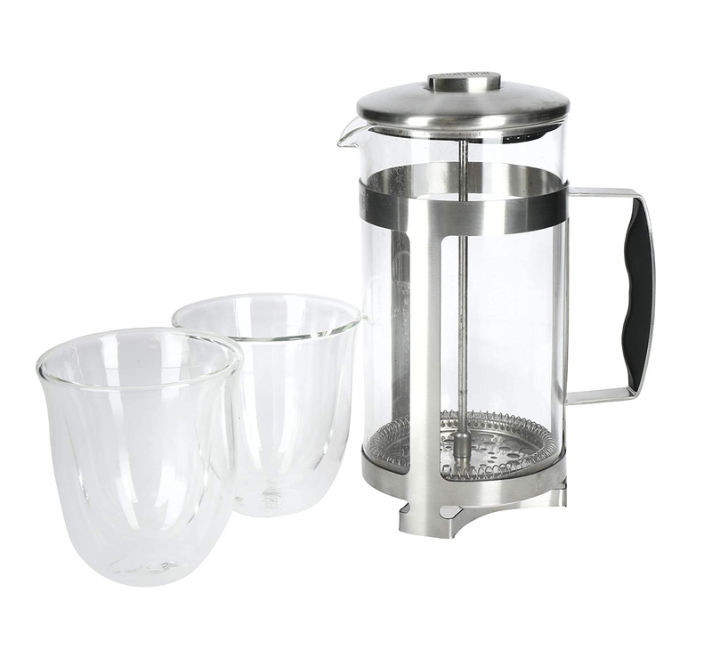La Cafetière Coffee Gift Set with 8 Cup Cafetiere & Double Walled Coffee Glasses, Stainless Steel / Borosilicate Glass, 3 Pieces in Box