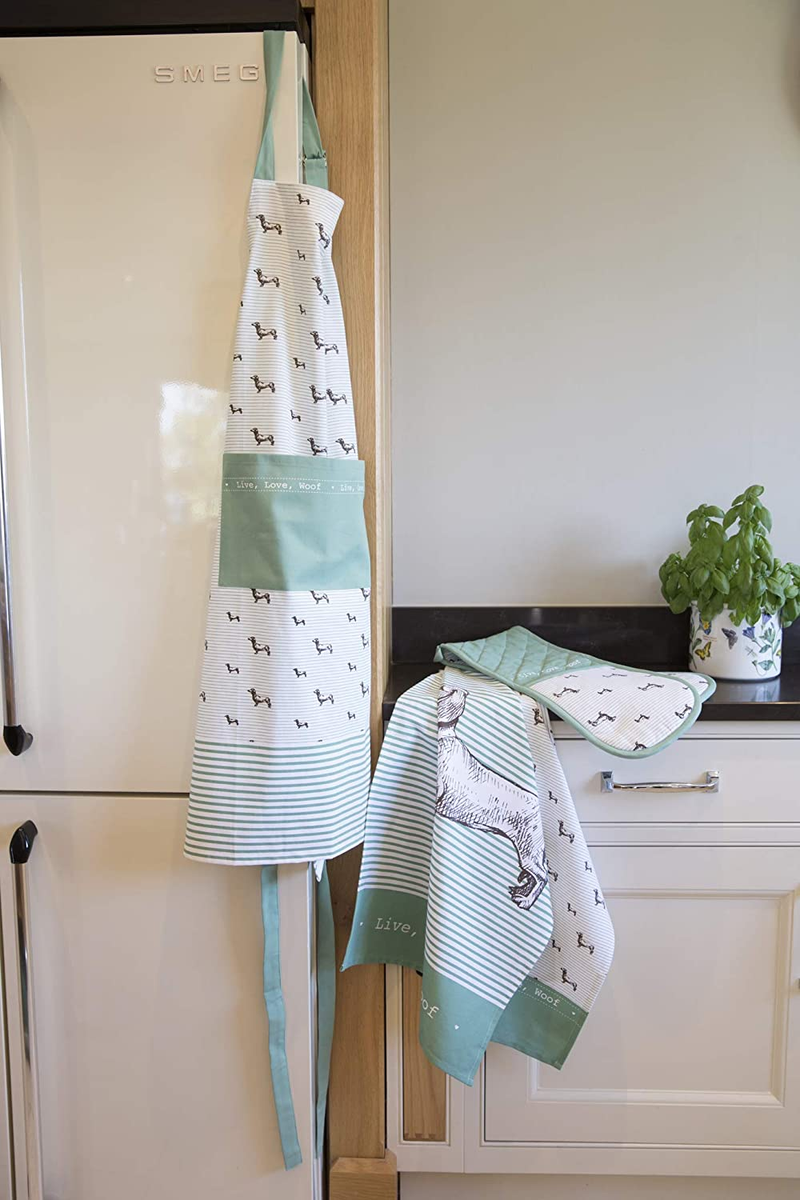 KitchenCraft Tea Towels Set, White/Sage Green, Pack of 2
