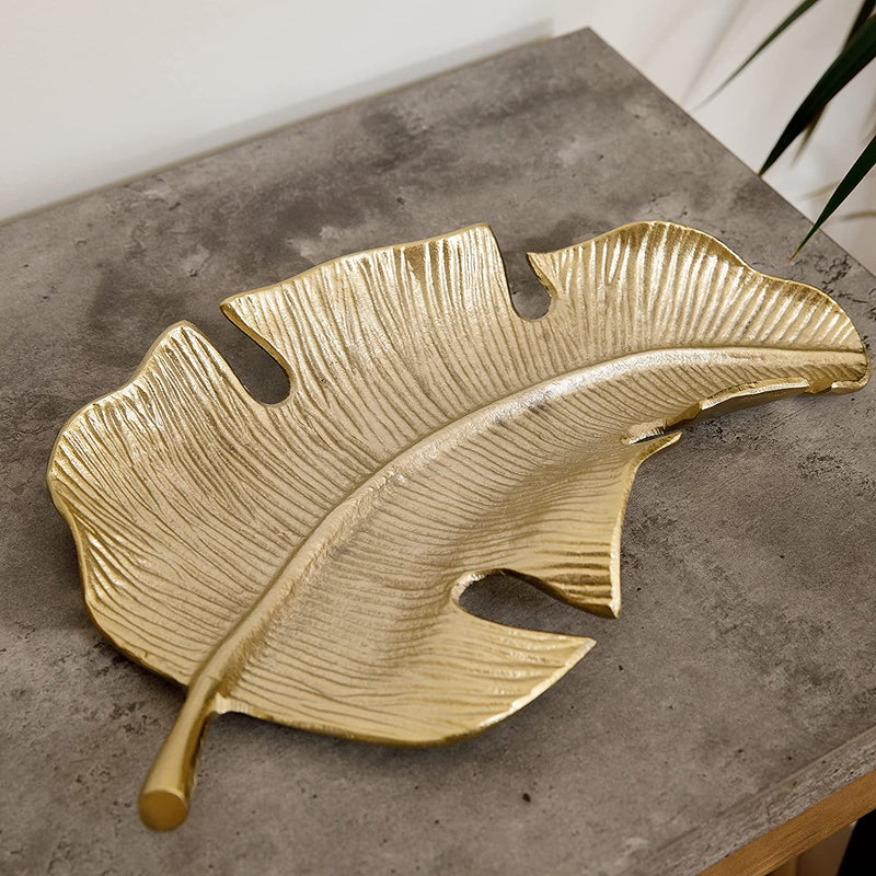 Artesà Gold Palm Leaf Plate, Cast Aluminium Serving Platter with Gold-Coloured Finish, 33 x 18.5cm