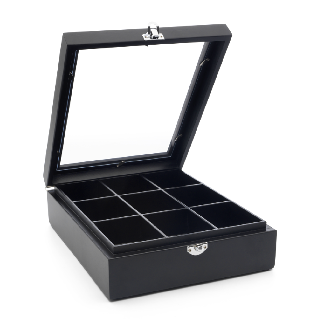 Tea box 9 comp. with window bamboo black