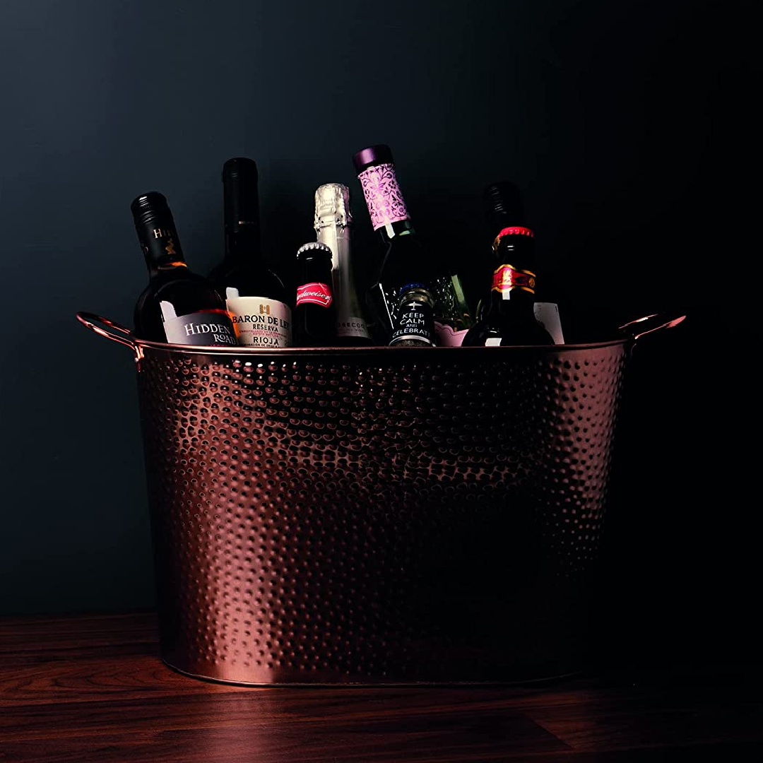 BarCraft Large Copper Champagne Bucket, Ice Bucket for Champagne, Wine, Beer, Hammered Steel, 50 x 32.5 x 29cm