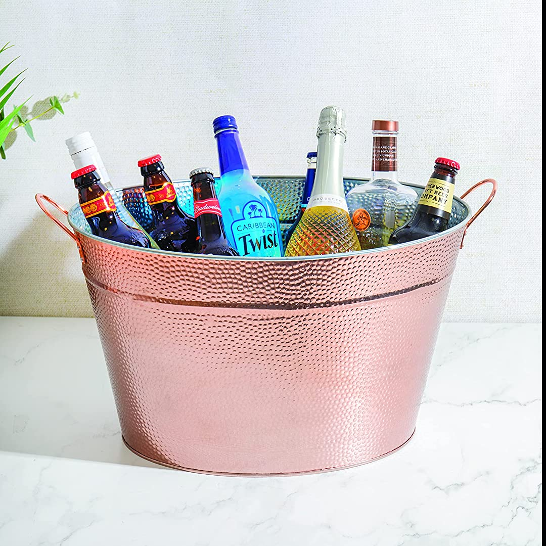 BarCraft Large Copper Champagne Bucket, Ice Bucket for Champagne, Wine, Beer, Hammered Steel, 50 x 32.5 x 29cm