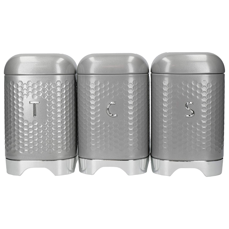 KitchenCraft Lovello Storage Canisters for Tea Coffee and Sugar in Gift Box, Textured Hexagonal Finish, Steel, Shadow Grey