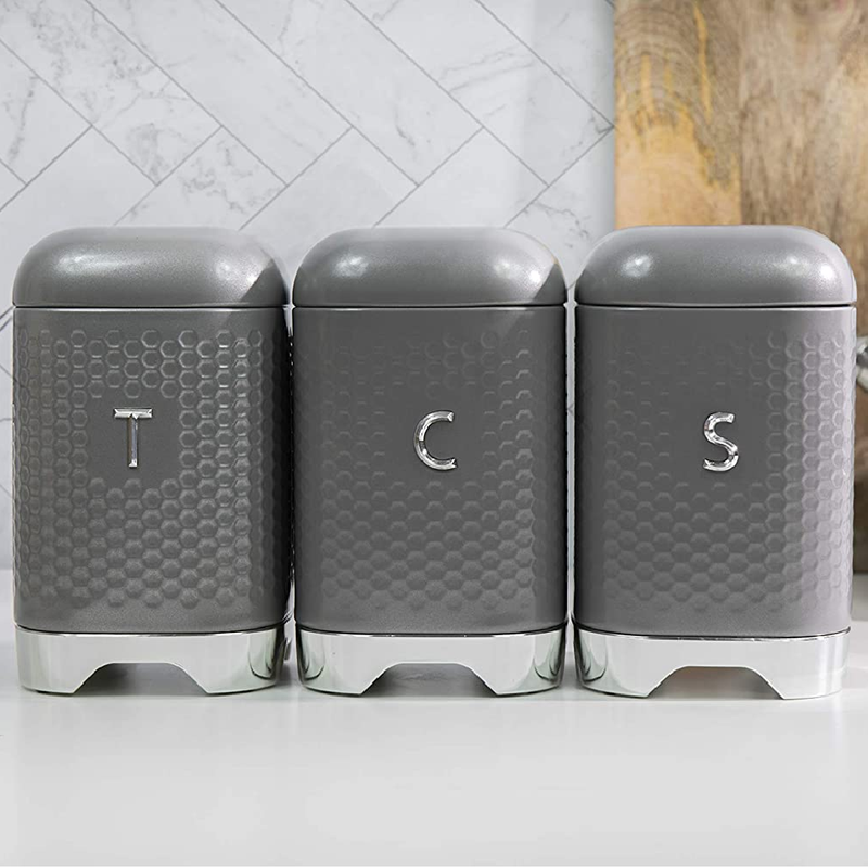 KitchenCraft Lovello Storage Canisters for Tea Coffee and Sugar in Gift Box, Textured Hexagonal Finish, Steel, Shadow Grey