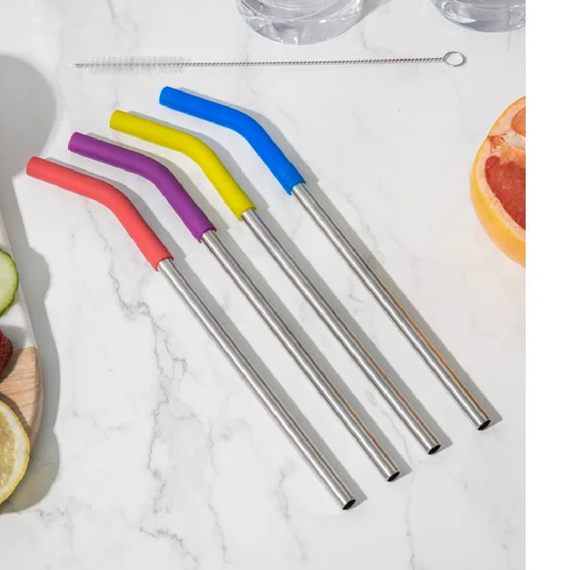 Colourworks Reusable Metal Straws and Cleaner Brush, Gift Boxed, Stainless Steel, 23cm, Set of 4
