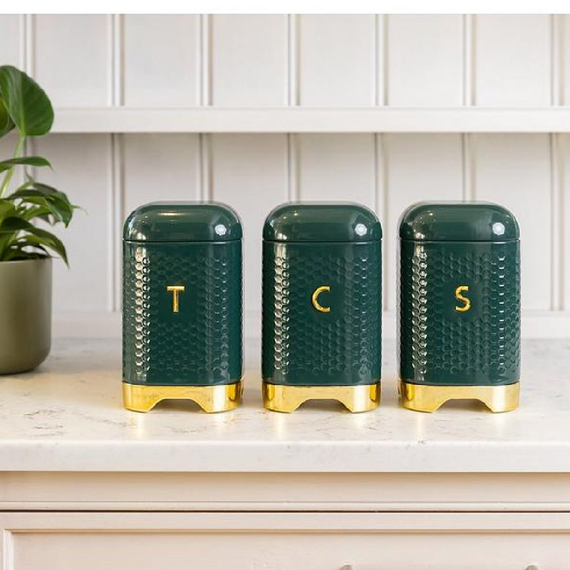 LOVELLO Textured TEA COFFEE SUGAR Storage TINS GREEN Kitchen JARS