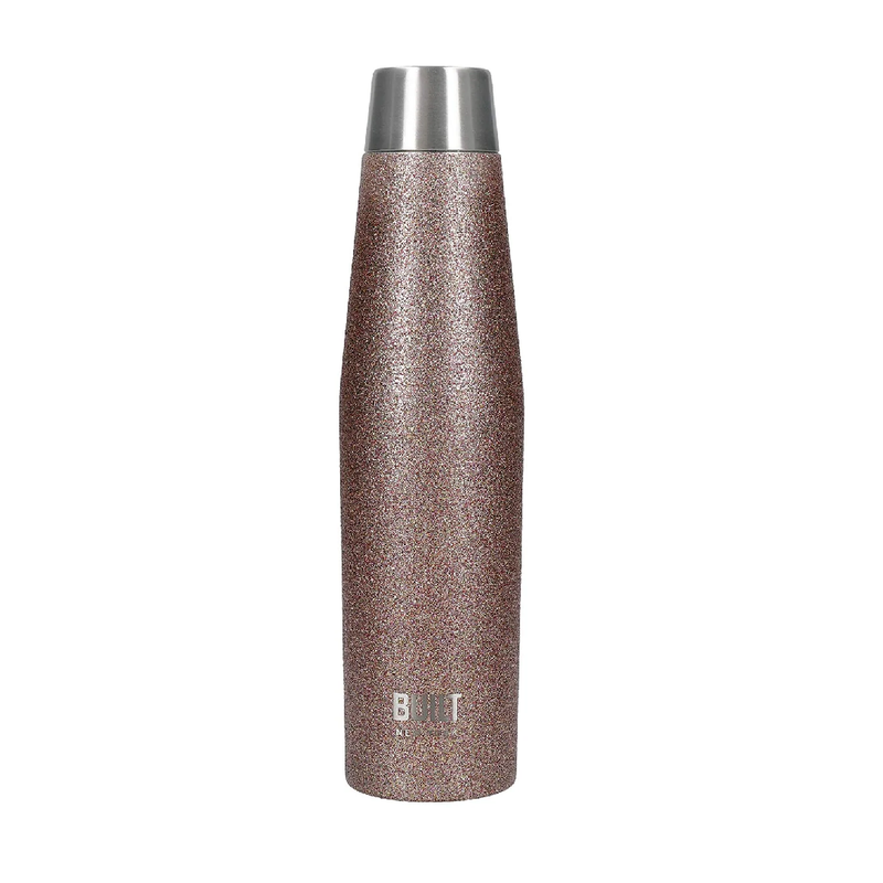 Built Apex Insulated Water Bottle with Leakproof Ideal Seal Lid, Sweatproof 100% Reusable BPA Free 18/10 Stainless Steel Flask, Rose Gold Glitter, 540ml